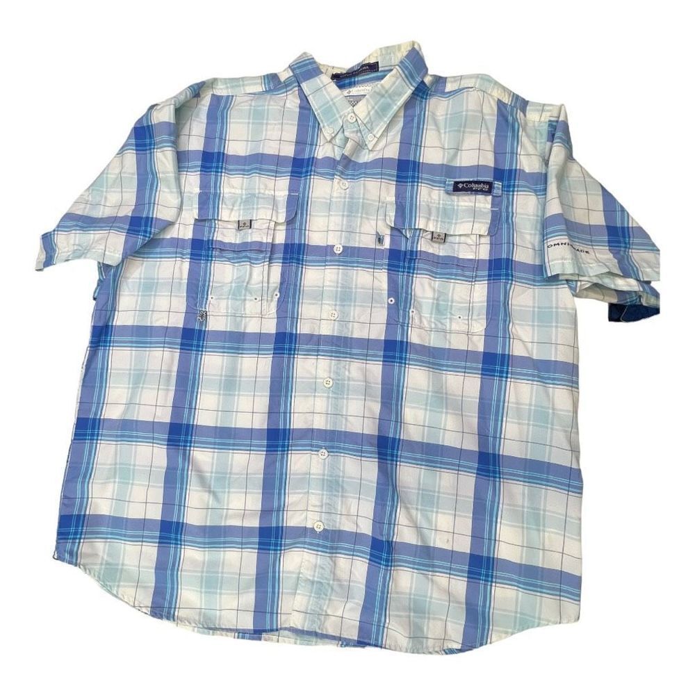 Columbia Men's Plaid PFG Super Bahama Vented Button-Up Shirt Fishing  XL Blue